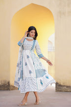 Juniper White Floral Printed Cotton Kurta & Dupatta With Lace | Grocsy