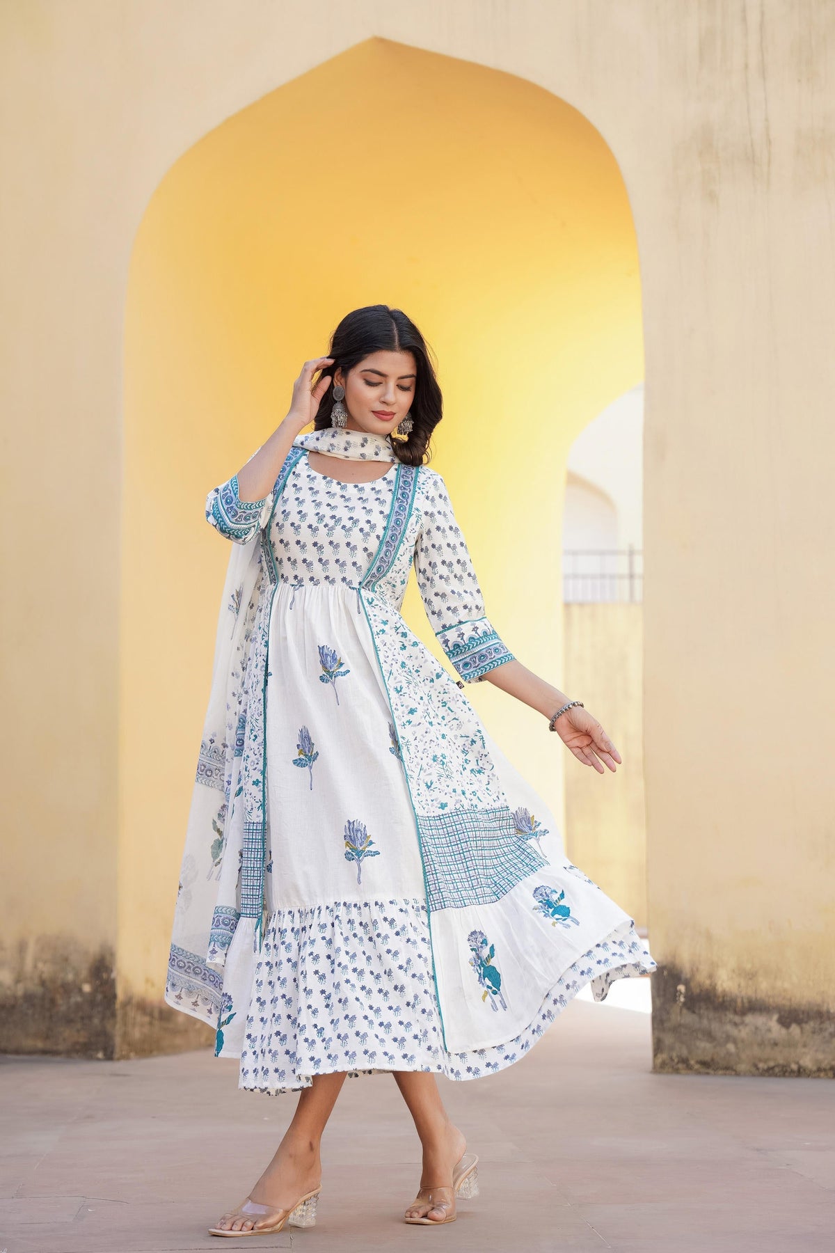 Juniper White Floral Printed Cotton Kurta & Dupatta With Lace | Grocsy