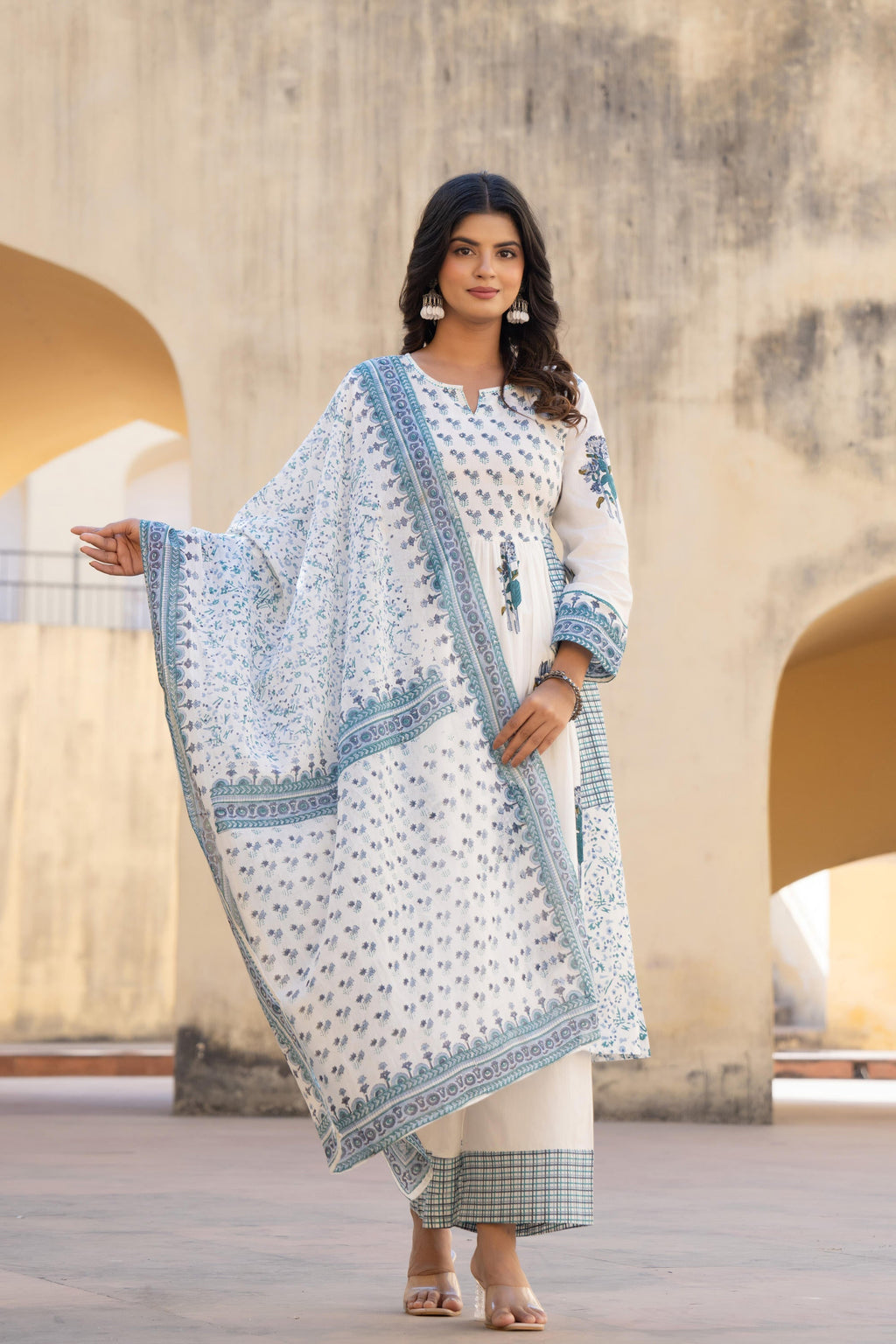 Juniper White Floral Printed Cotton Kurta Pant And Dupatta Set With Sequins & Beads | Grocsy