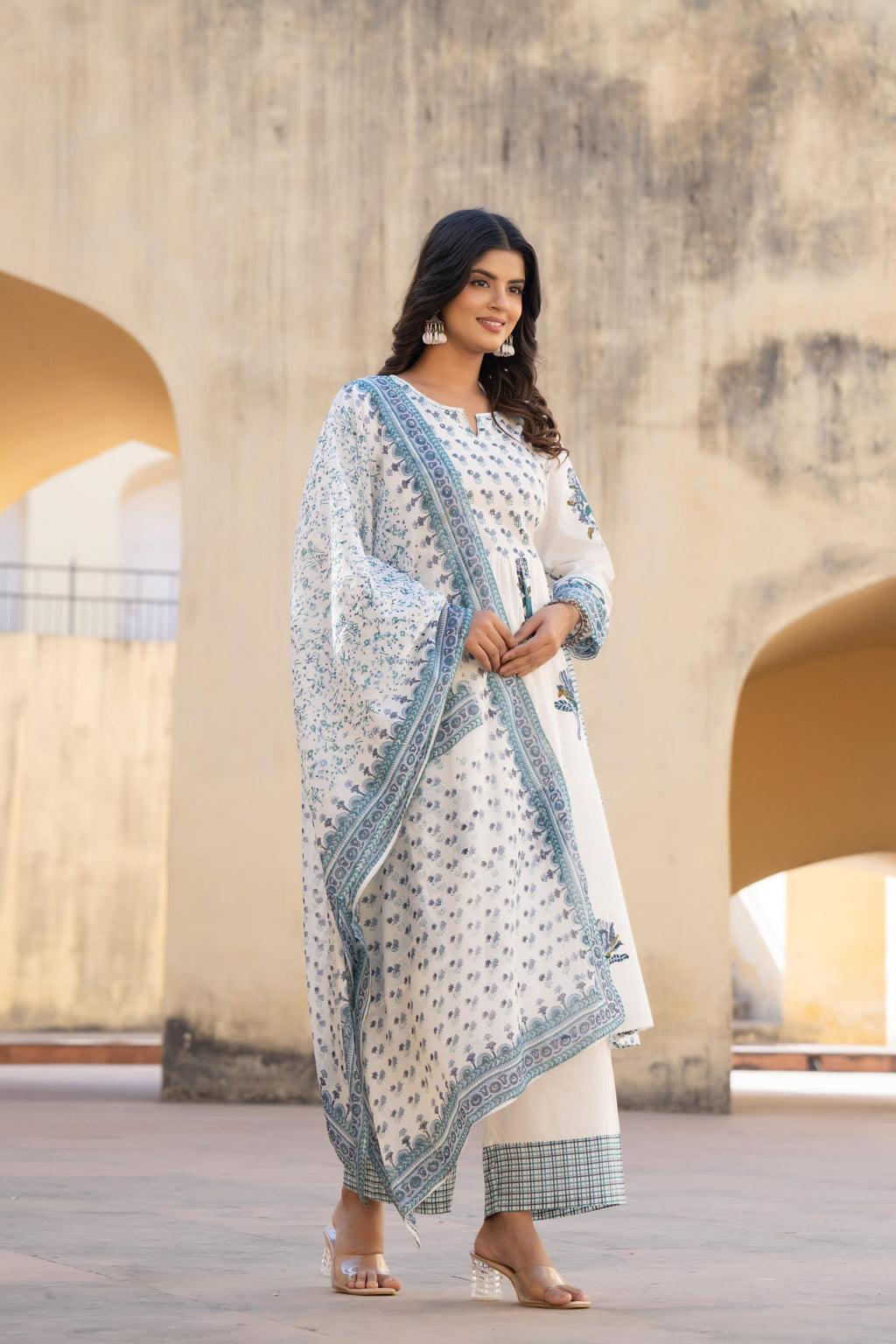Juniper White Floral Printed Cotton Kurta Pant And Dupatta Set With Sequins & Beads | Grocsy