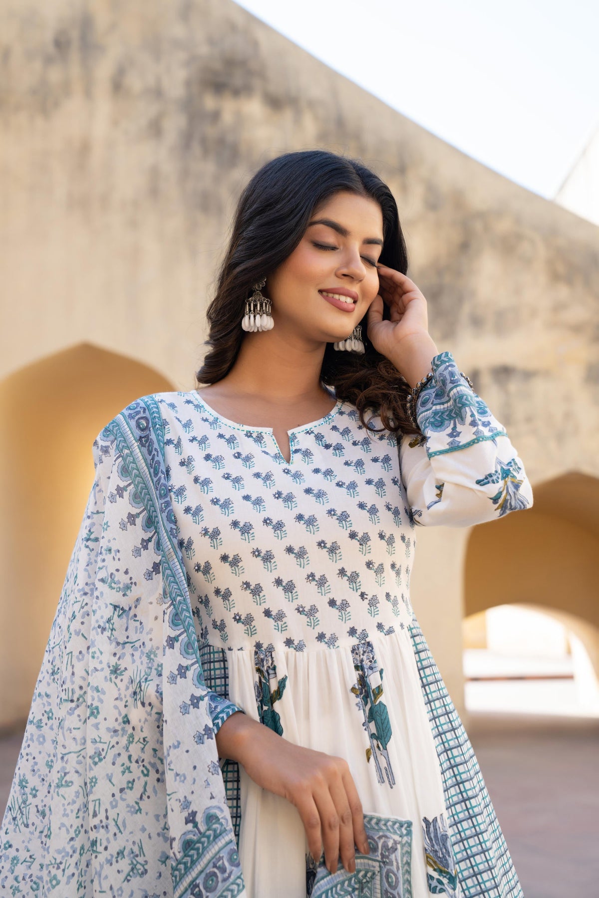 Juniper White Floral Printed Cotton Kurta Pant And Dupatta Set With Sequins & Beads | Grocsy