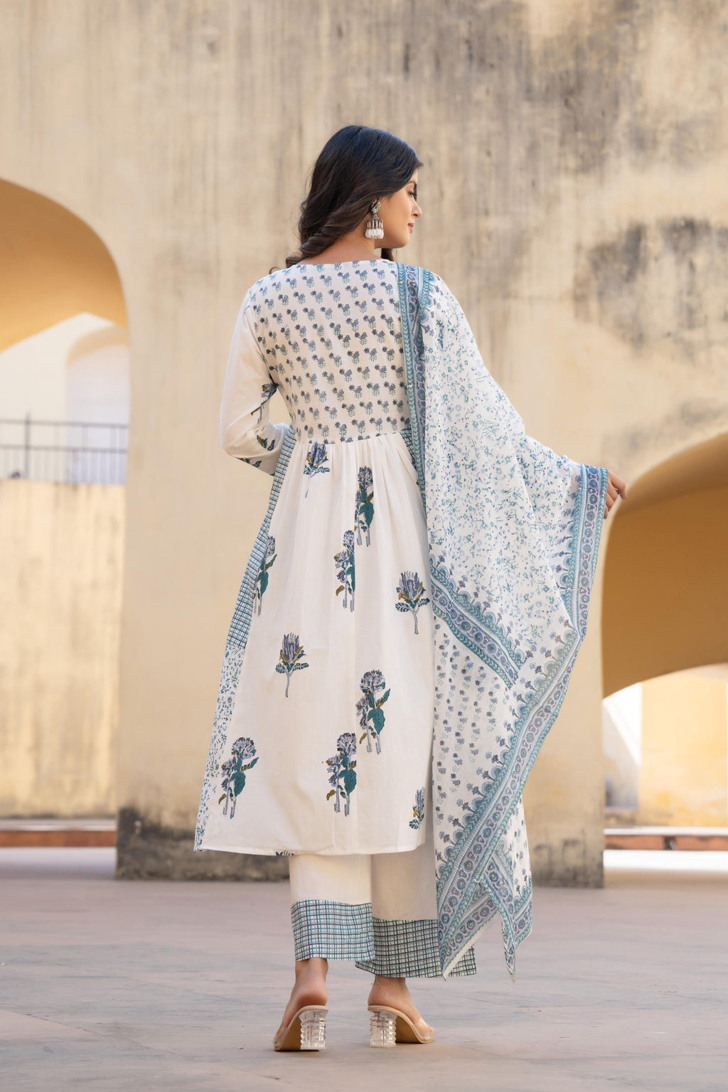 Juniper White Floral Printed Cotton Kurta Pant And Dupatta Set With Sequins & Beads | Grocsy