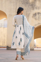 Juniper White Floral Printed Cotton Kurta Pant And Dupatta Set With Sequins & Beads | Grocsy