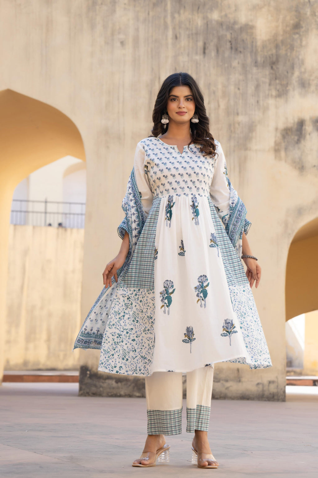 Juniper White Floral Printed Cotton Kurta Pant And Dupatta Set With Sequins & Beads | Grocsy
