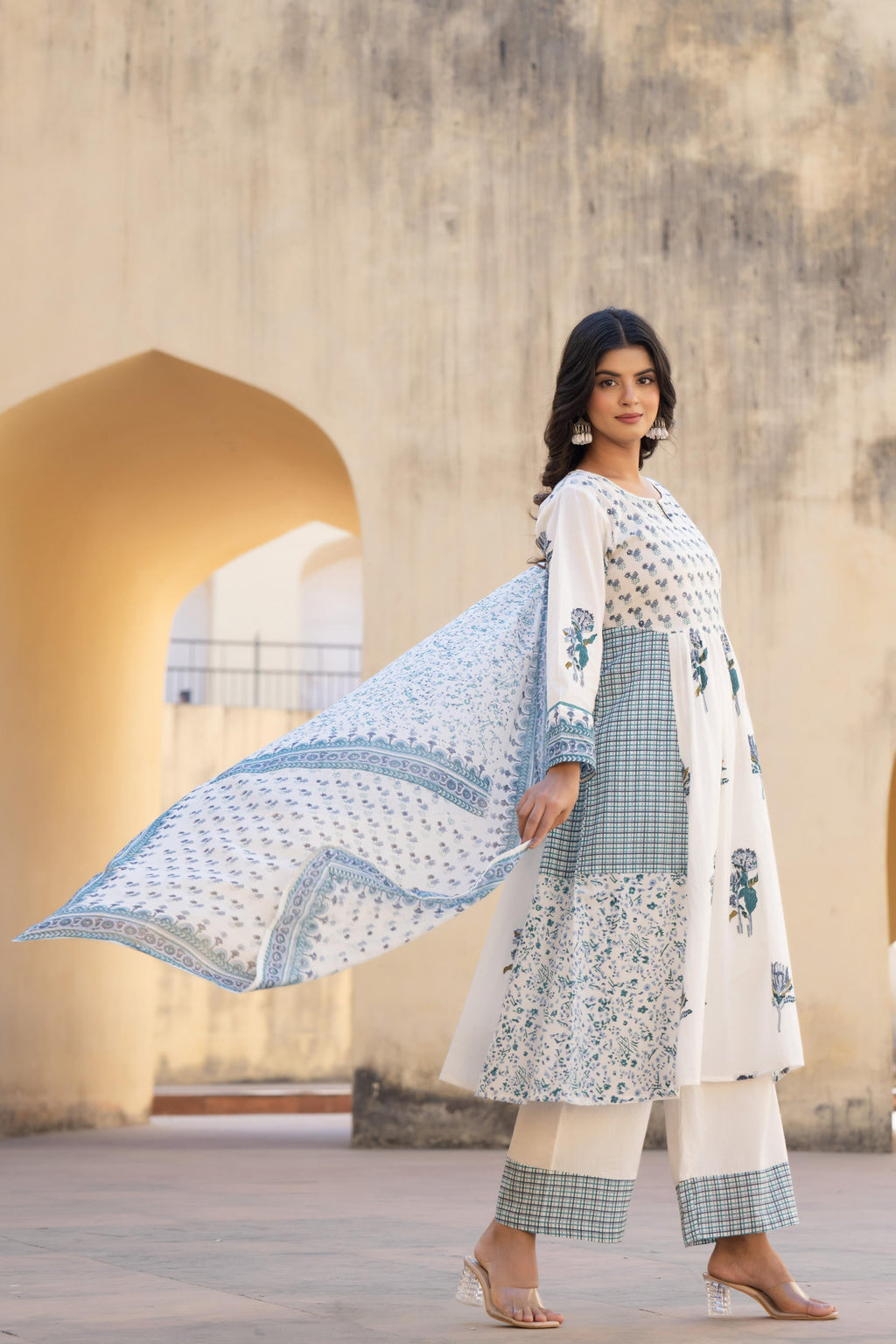 Juniper White Floral Printed Cotton Kurta Pant And Dupatta Set With Sequins & Beads | Grocsy