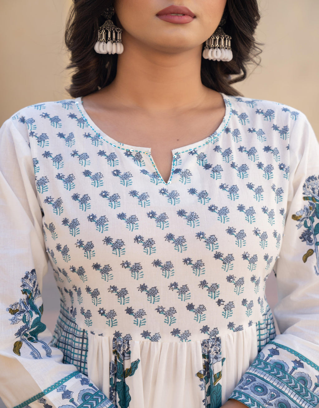Juniper White Floral Printed Cotton Kurta Pant And Dupatta Set With Sequins & Beads | Grocsy
