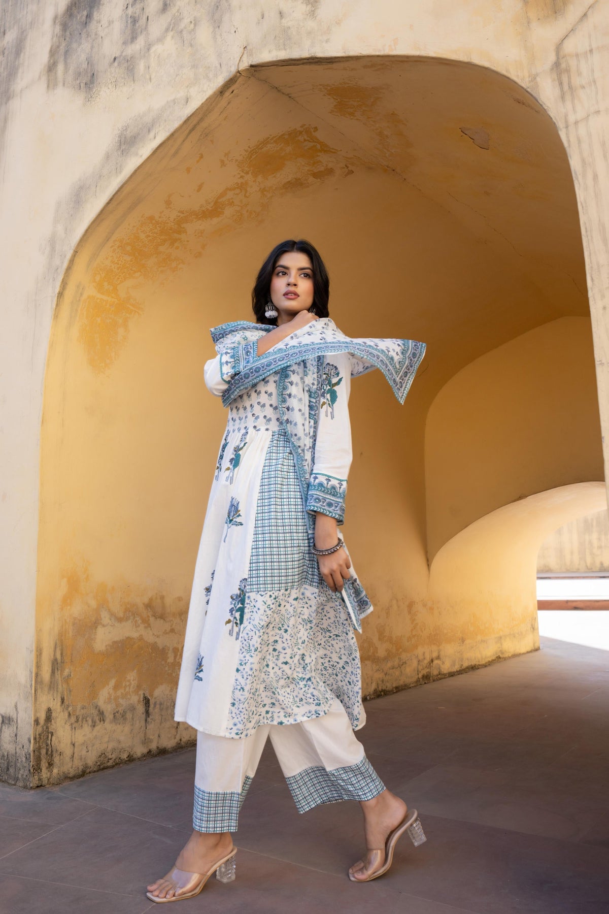 Juniper White Floral Printed Cotton Kurta Pant And Dupatta Set With Sequins & Beads | Grocsy