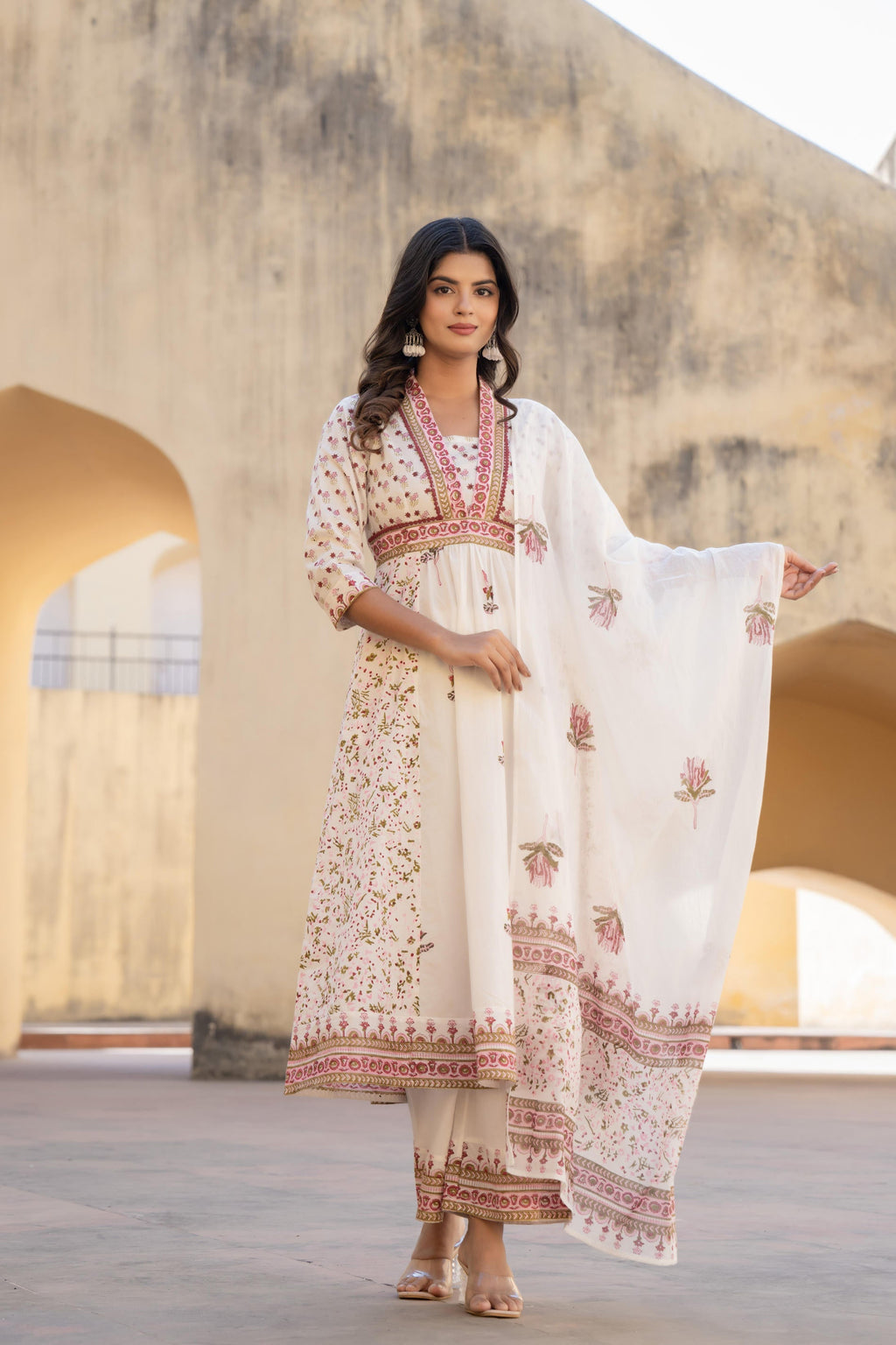 Juniper Gulab Pink Baagh Anarkali Cotton Suit Set | Grocsy