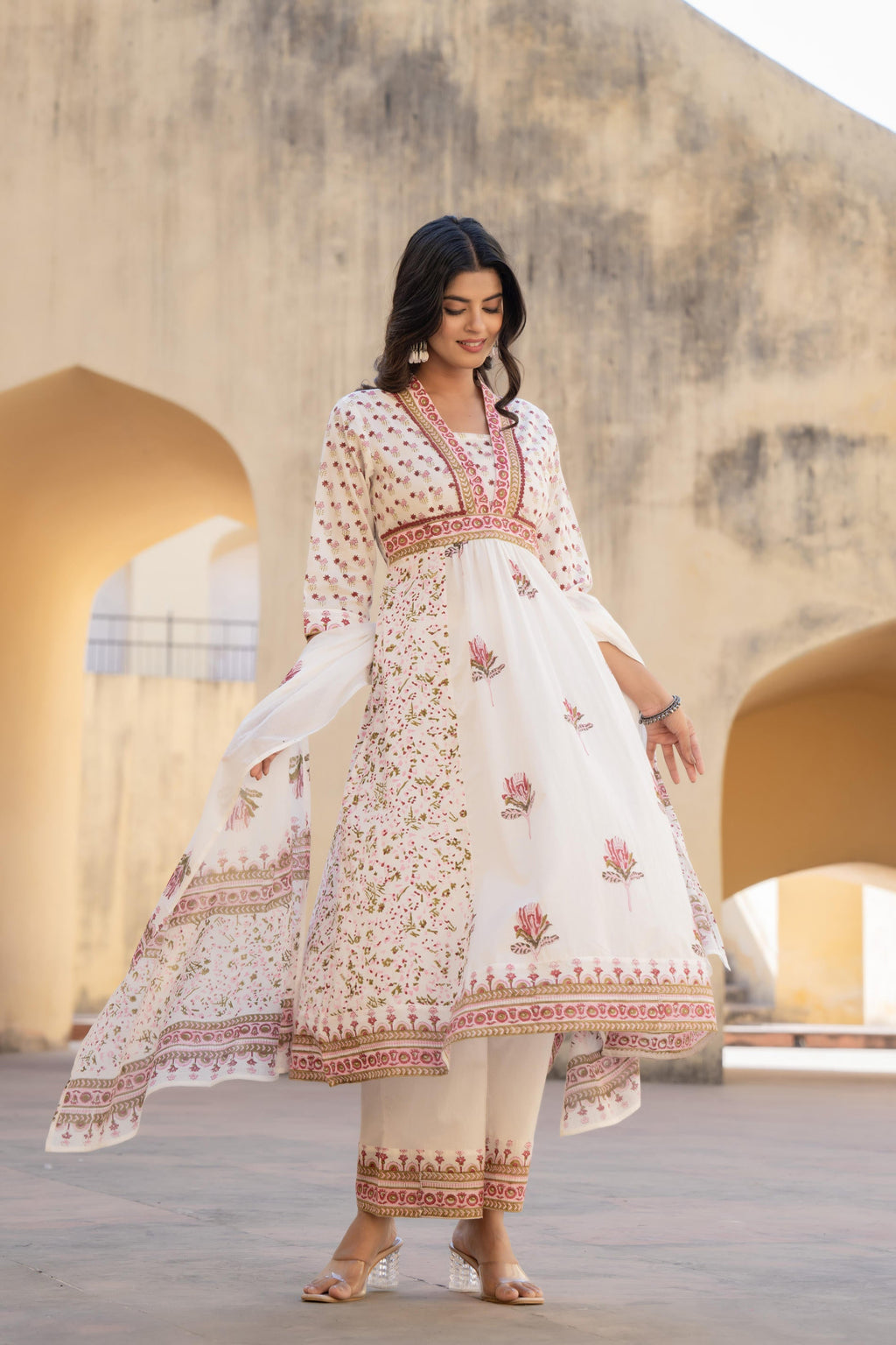 Juniper Gulab Pink Baagh Anarkali Cotton Suit Set | Grocsy