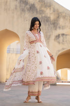 Juniper Gulab Pink Baagh Anarkali Cotton Suit Set | Grocsy