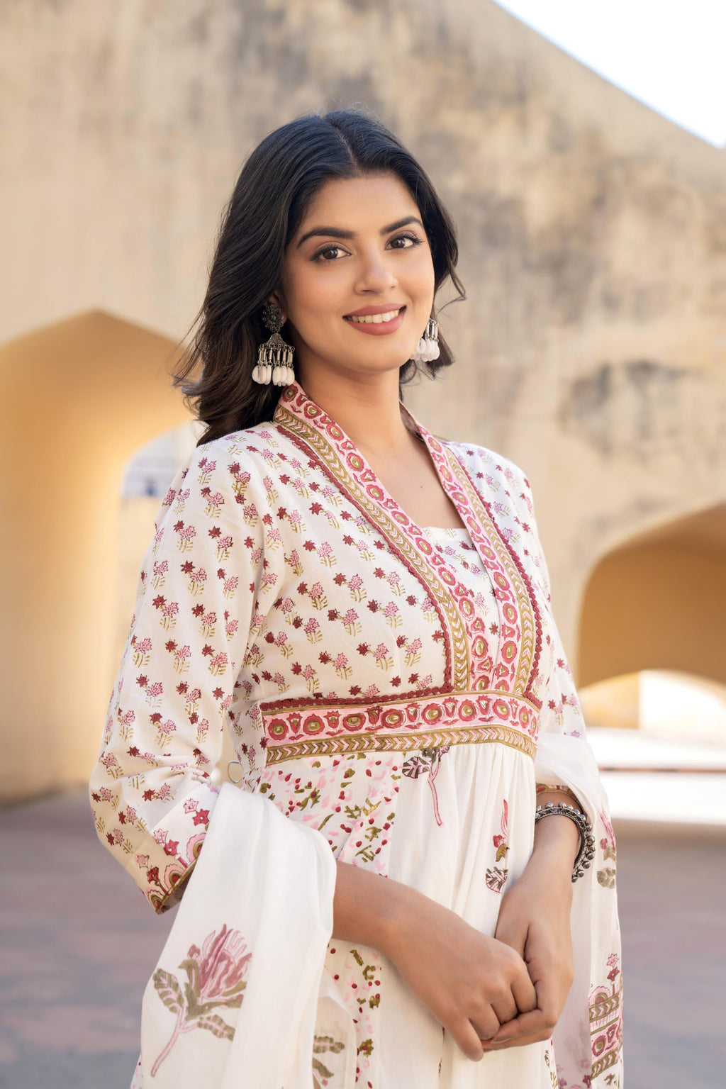 Juniper Gulab Pink Baagh Anarkali Cotton Suit Set | Grocsy