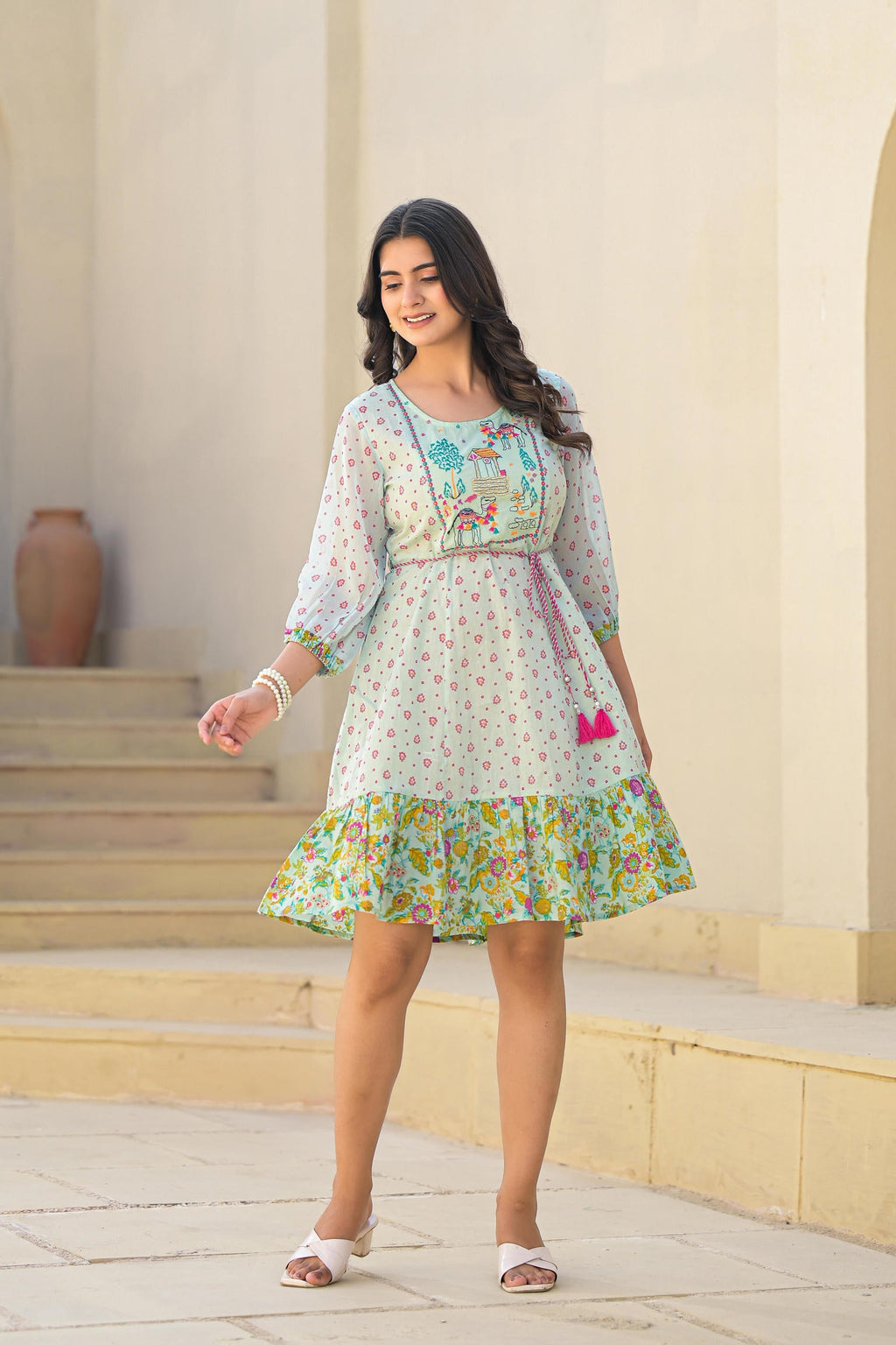 Juniper Mint Green Ethnic Motif Printed Short Dress With Dori | Grocsy