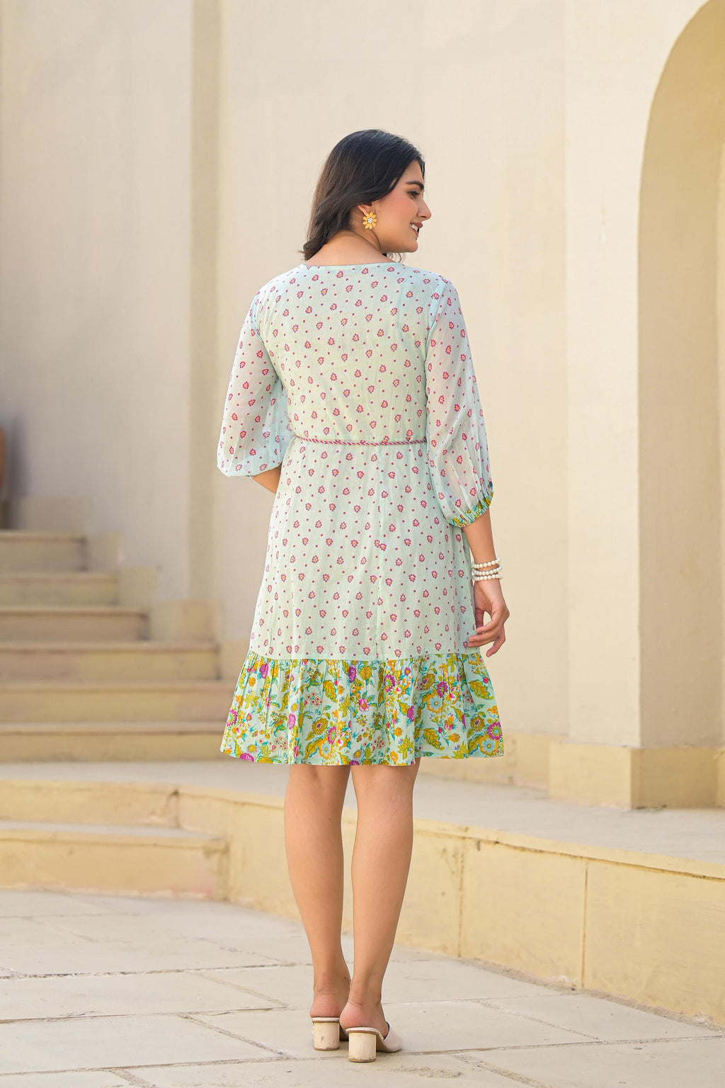 Juniper Mint Green Ethnic Motif Printed Short Dress With Dori | Grocsy