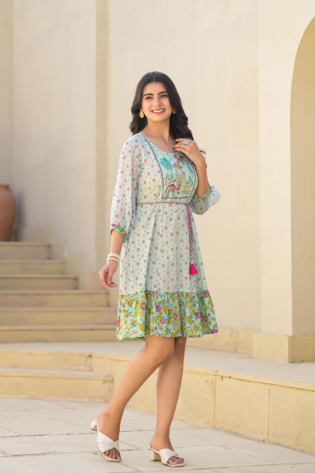 Juniper Mint Green Ethnic Motif Printed Short Dress With Dori | Grocsy