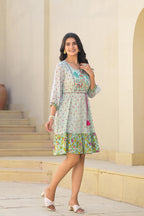Juniper Mint Green Ethnic Motif Printed Short Dress With Dori | Grocsy