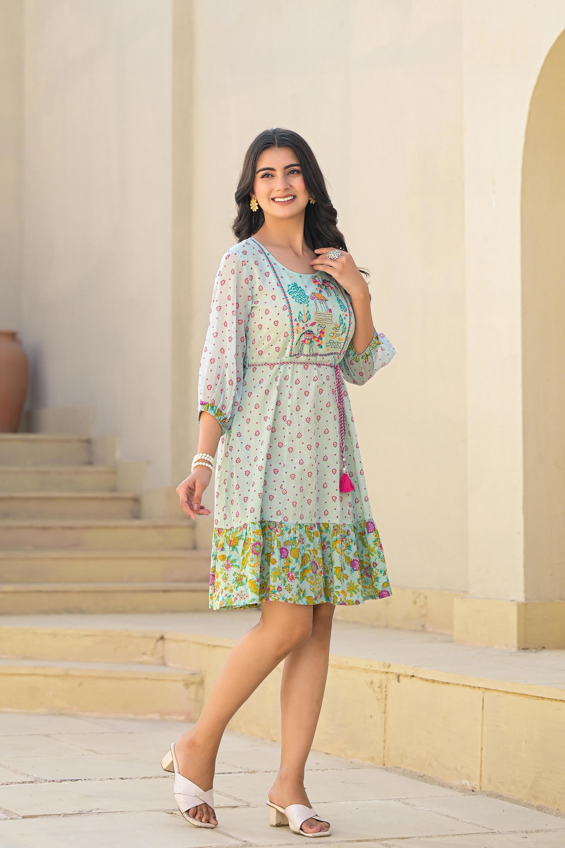Juniper Mint Green Ethnic Motif Printed Short Dress With Dori | Grocsy