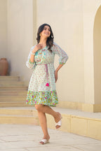 Juniper Mint Green Ethnic Motif Printed Short Dress With Dori | Grocsy