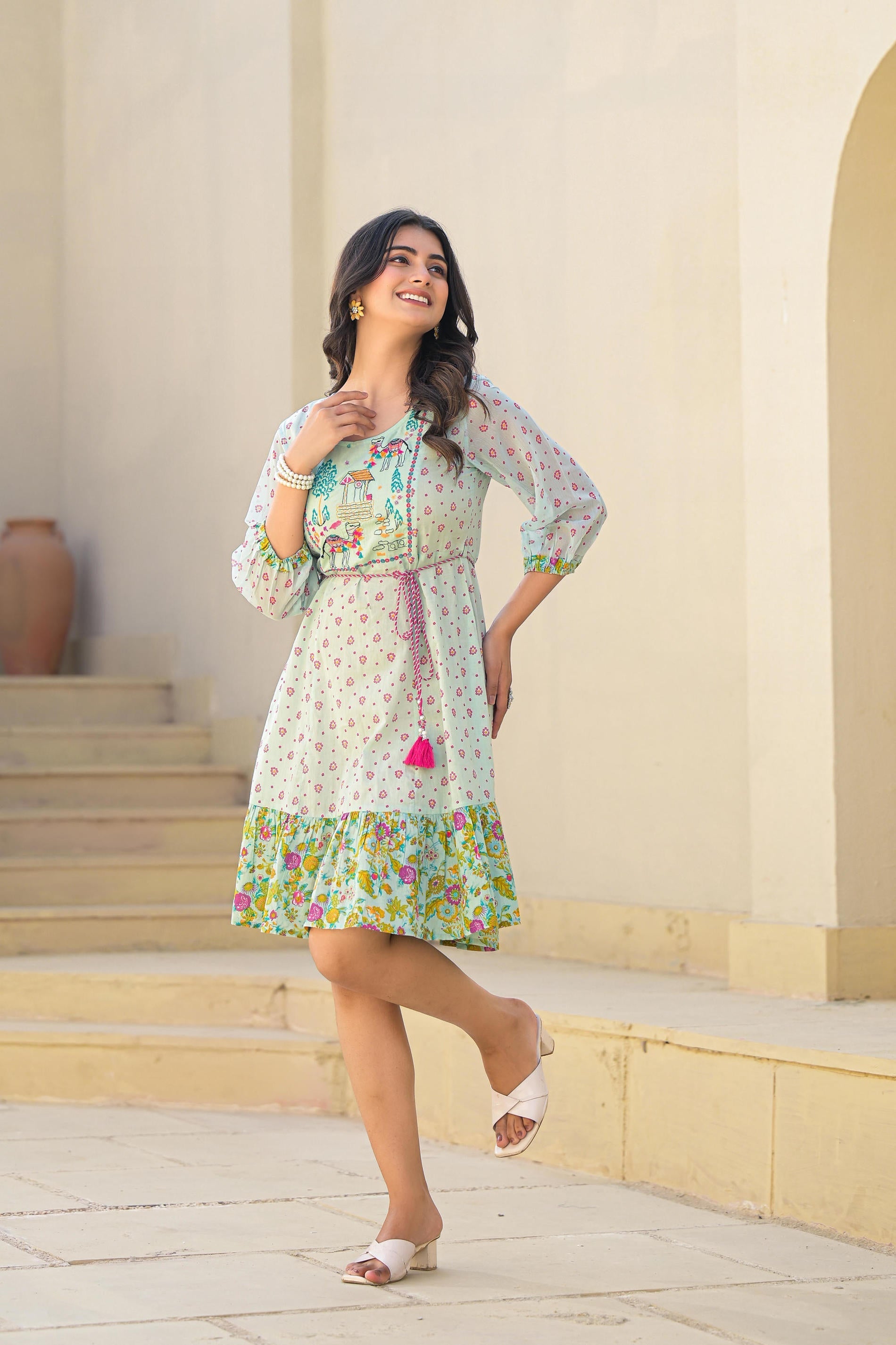 Juniper Mint Green Ethnic Motif Printed Short Dress With Dori | Grocsy