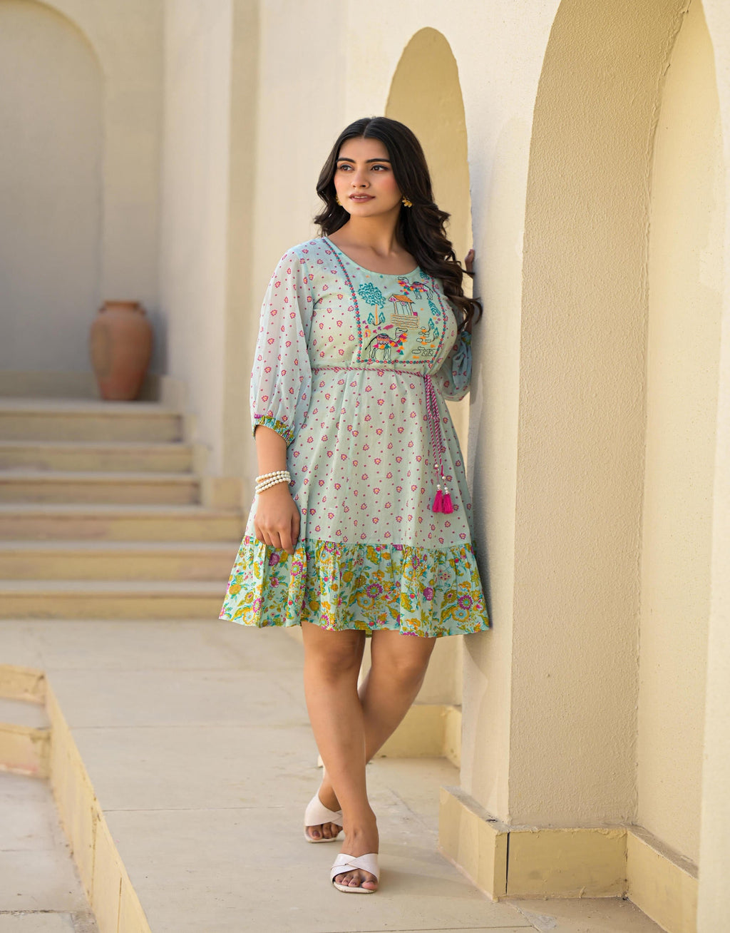 Juniper Mint Green Ethnic Motif Printed Short Dress With Dori | Grocsy