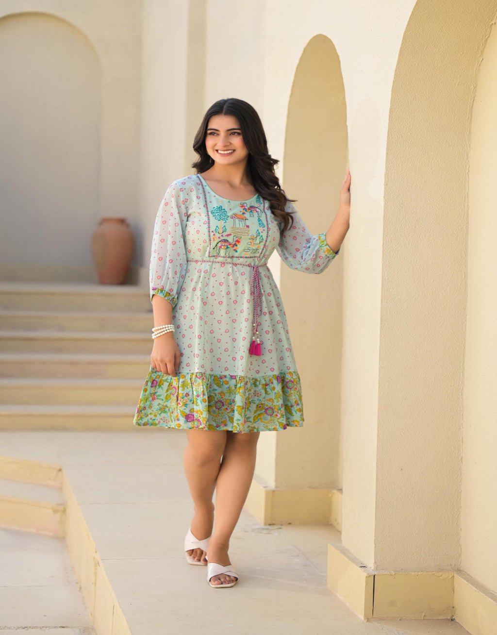 Juniper Mint Green Ethnic Motif Printed Short Dress With Dori | Grocsy