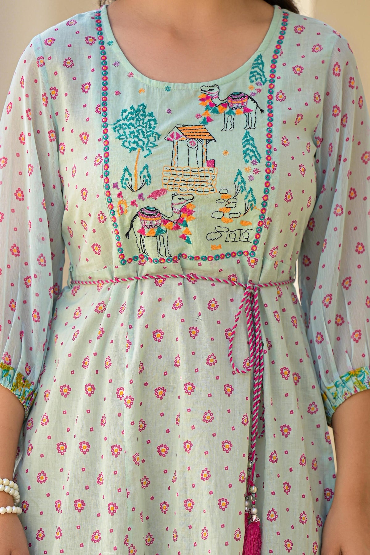 Juniper Mint Green Ethnic Motif Printed Short Dress With Dori | Grocsy