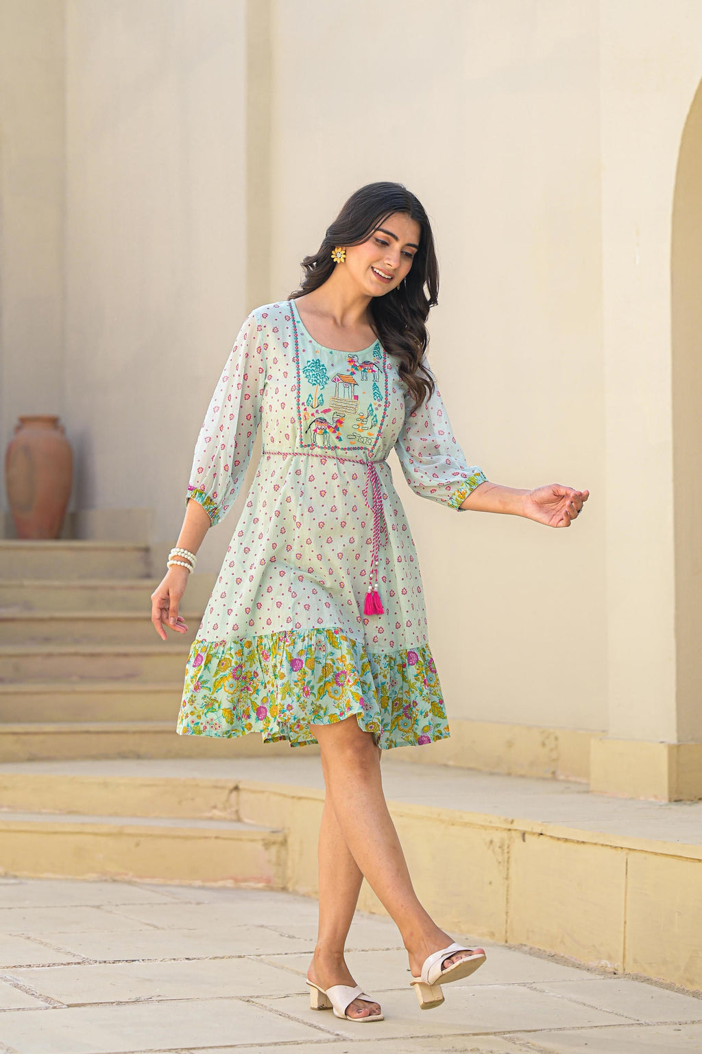 Juniper Mint Green Ethnic Motif Printed Short Dress With Dori | Grocsy