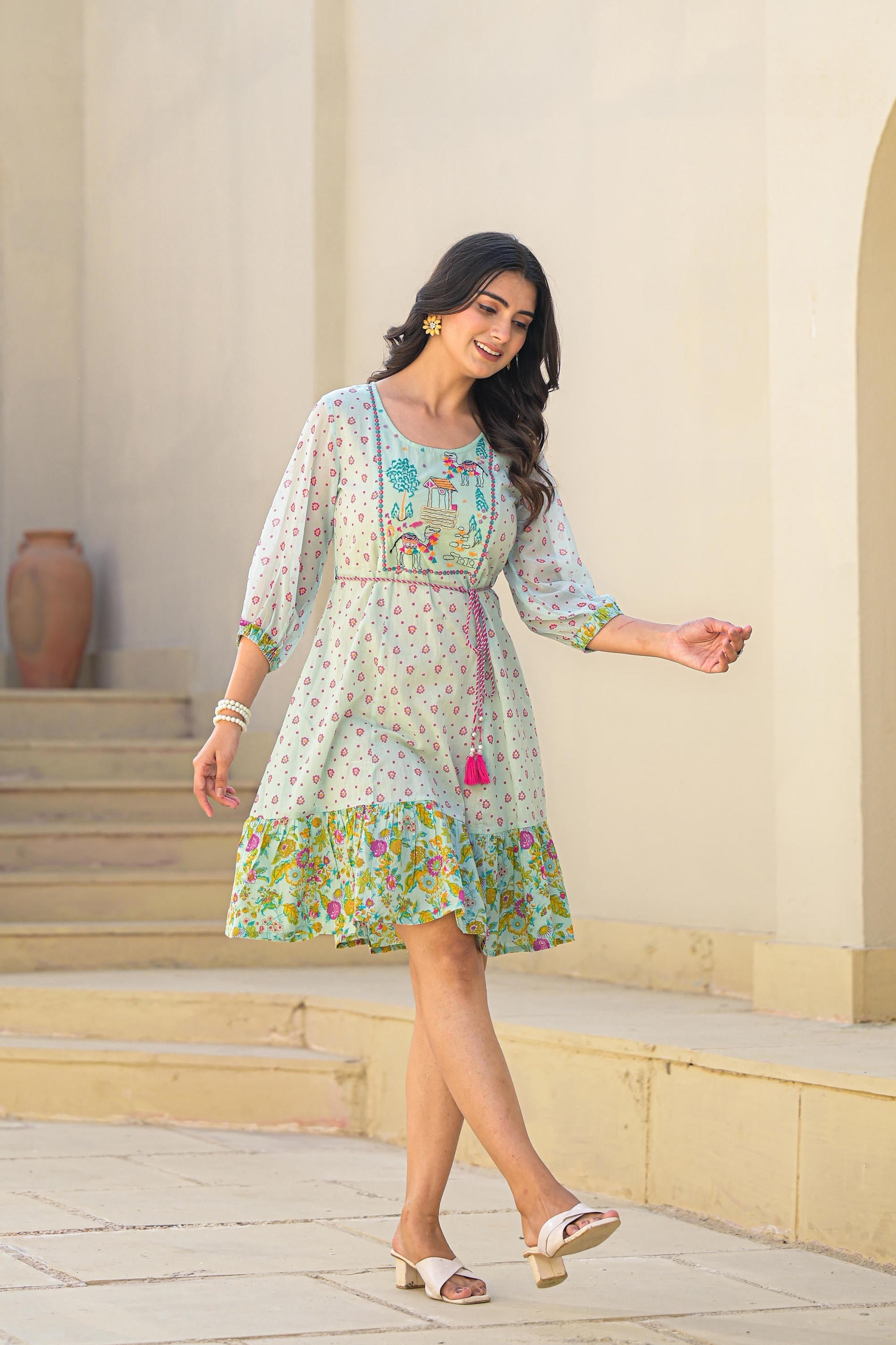 Juniper Mint Green Ethnic Motif Printed Short Dress With Dori | Grocsy