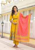 Juniper Mustard Ethnic Motif Printed Cotton A-Line Kurta Pant And Dupatta Set With Sequins | Grocsy