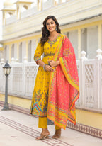 Juniper Mustard Ethnic Motif Printed Cotton A-Line Kurta Pant And Dupatta Set With Sequins | Grocsy