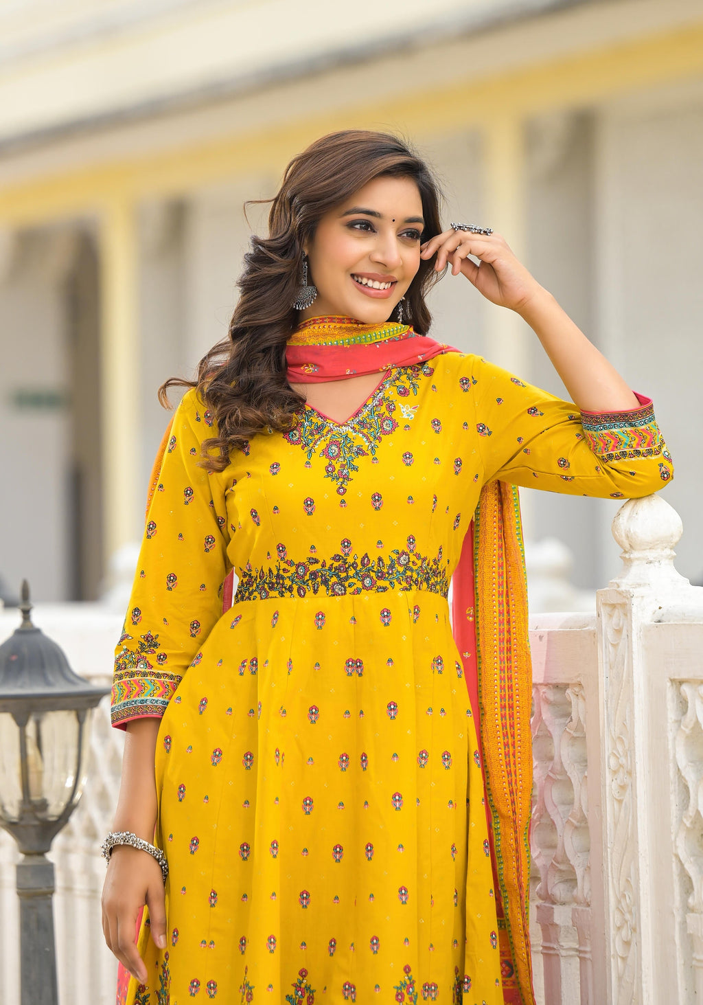 Juniper Mustard Ethnic Motif Printed Cotton A-Line Kurta Pant And Dupatta Set With Sequins | Grocsy