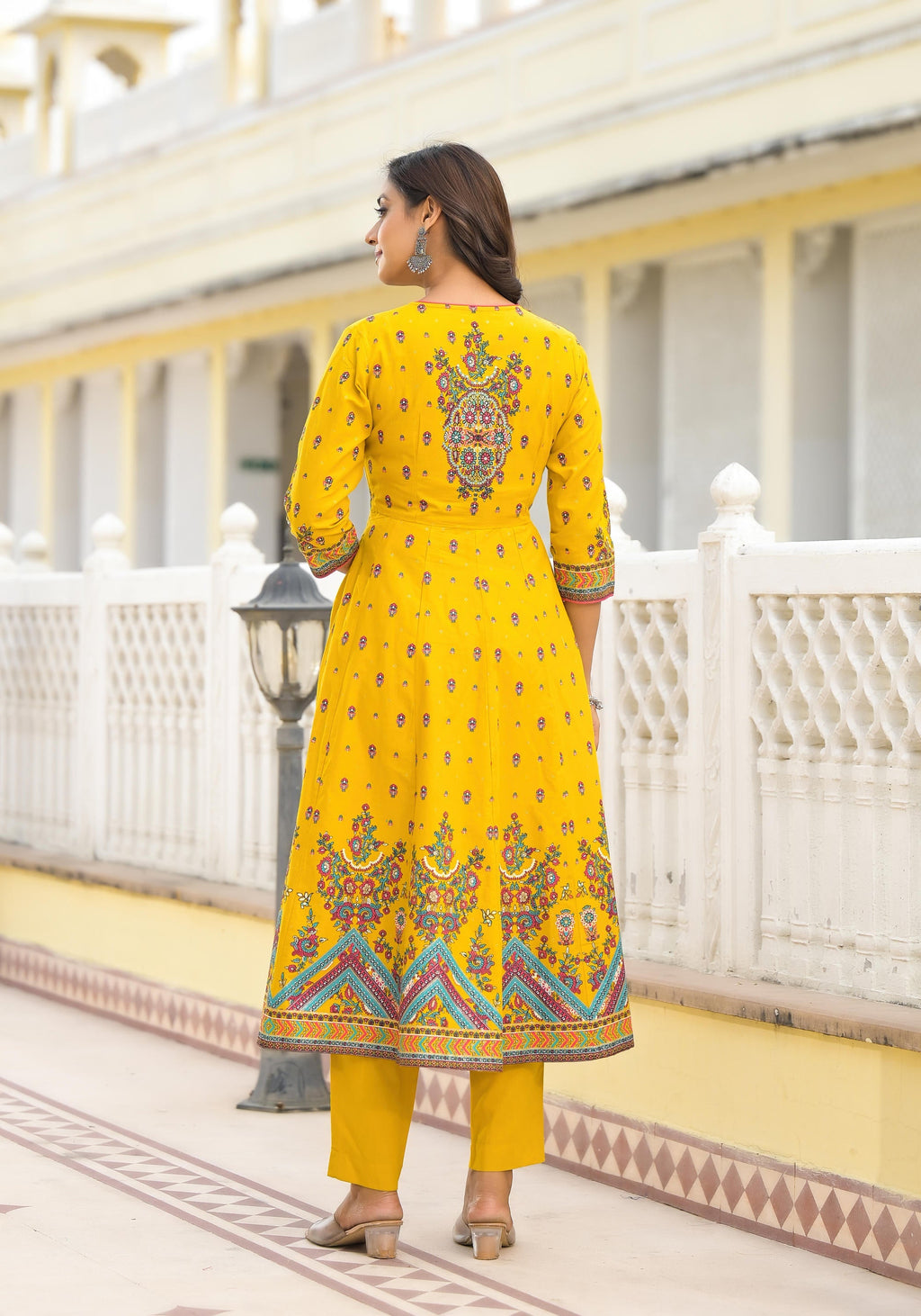 Juniper Mustard Ethnic Motif Printed Cotton A-Line Kurta Pant And Dupatta Set With Sequins | Grocsy