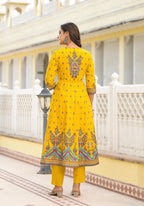 Juniper Mustard Ethnic Motif Printed Cotton A-Line Kurta Pant And Dupatta Set With Sequins | Grocsy
