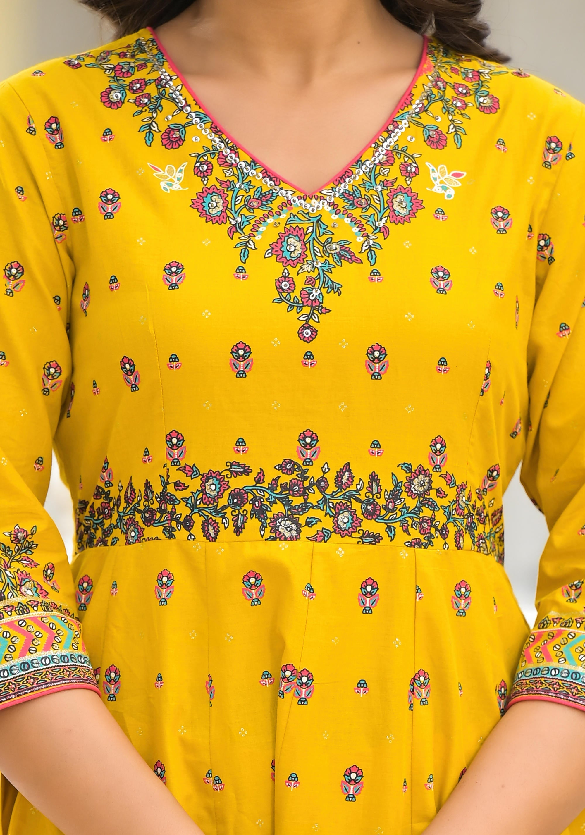 Juniper Mustard Ethnic Motif Printed Cotton A-Line Kurta Pant And Dupatta Set With Sequins | Grocsy