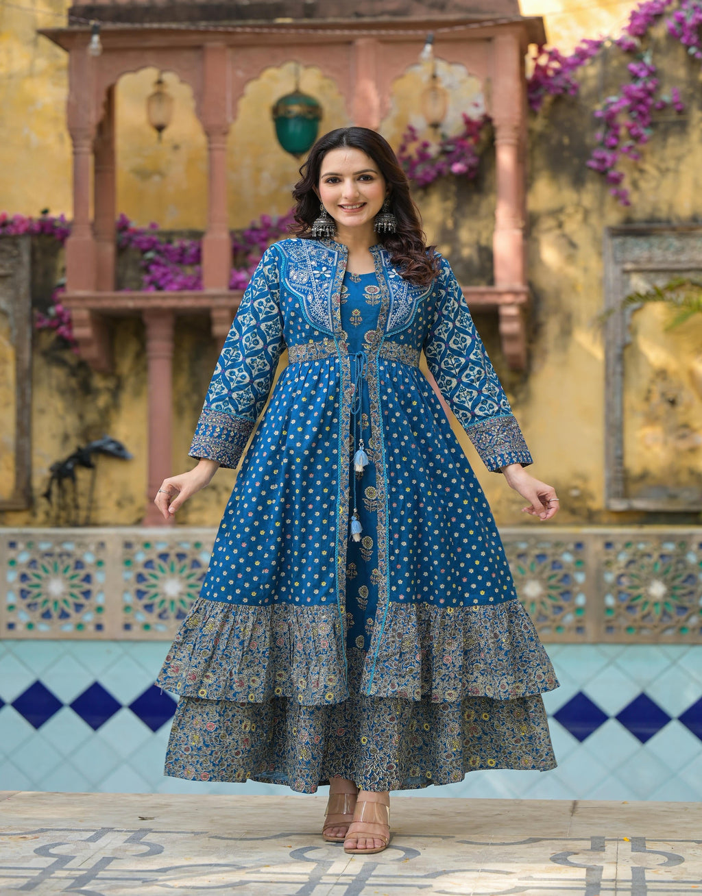 Juniper Indigo Floral Printed Cotton Long Dress & Shrug With Doris | Grocsy