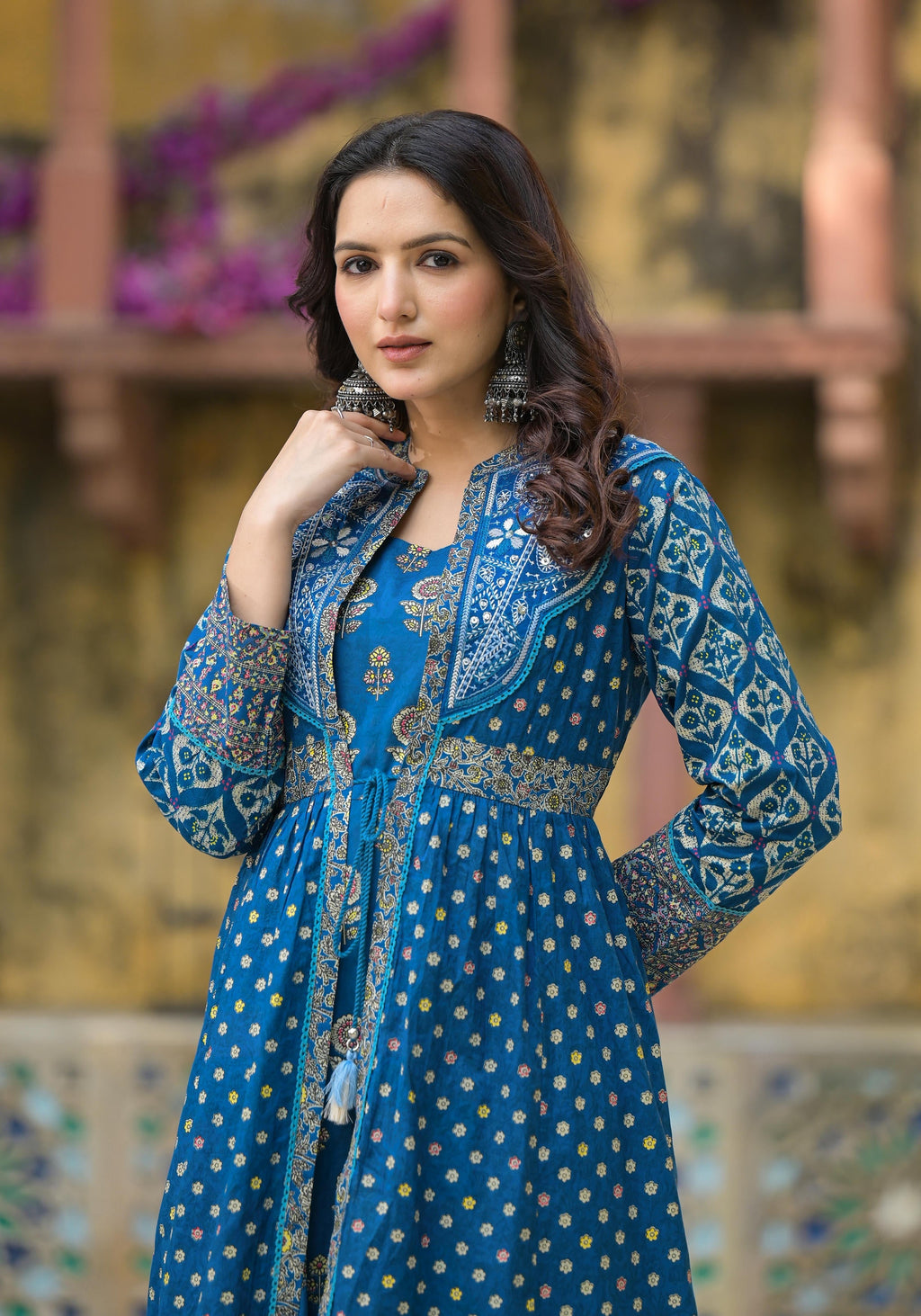 Juniper Indigo Floral Printed Cotton Long Dress & Shrug With Doris | Grocsy