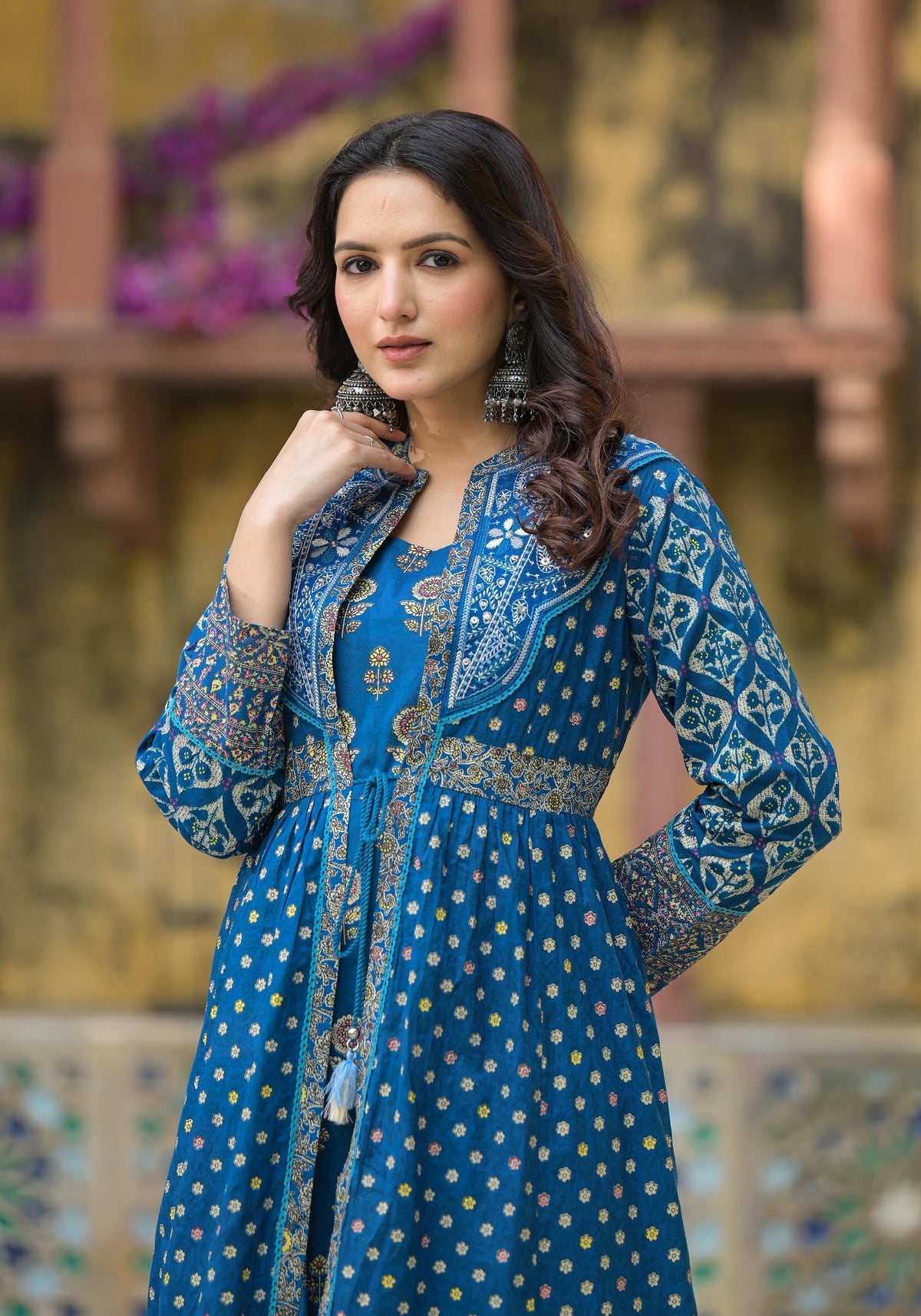 Juniper Indigo Floral Printed Cotton Long Dress & Shrug With Doris | Grocsy