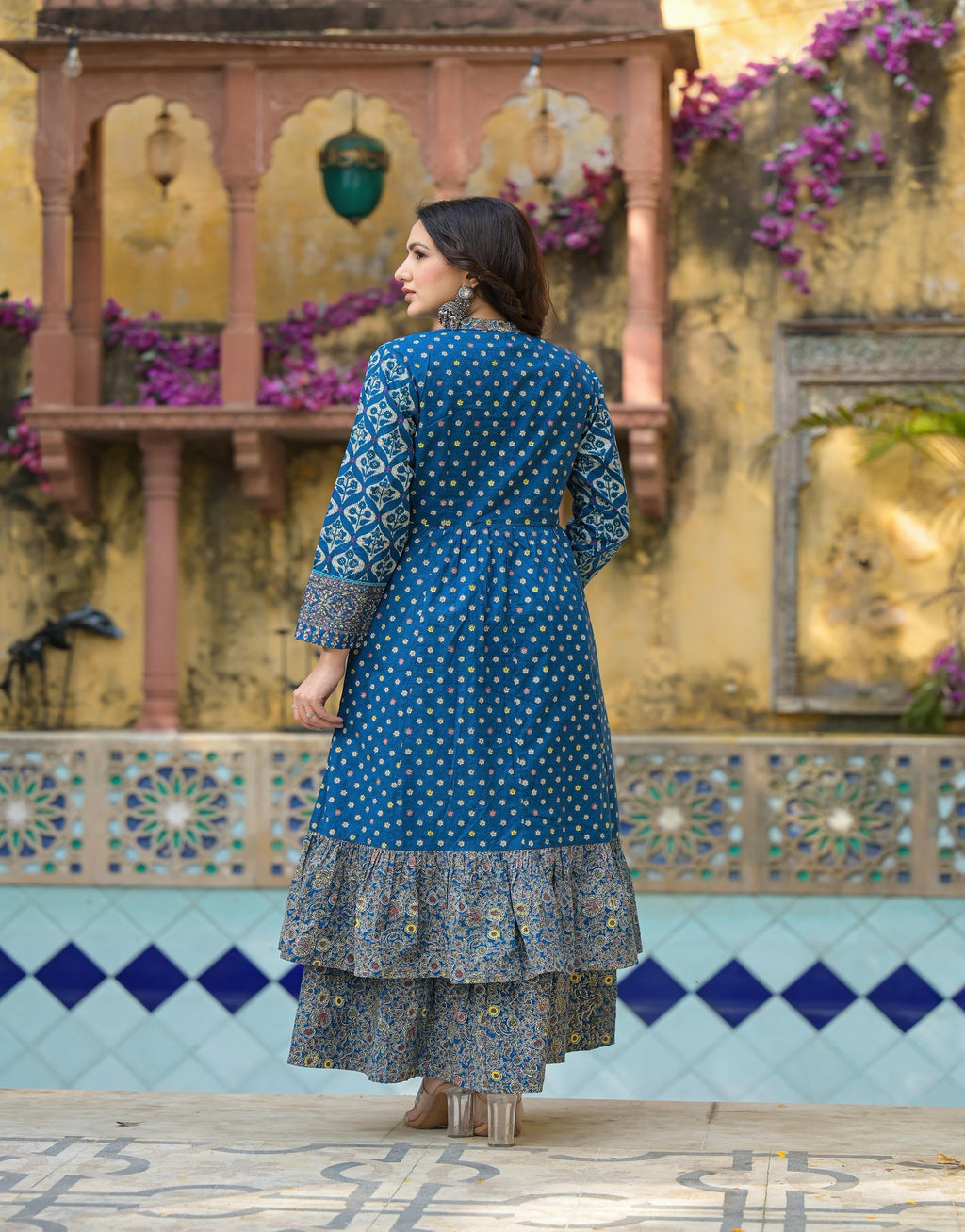Juniper Indigo Floral Printed Cotton Long Dress & Shrug With Doris | Grocsy