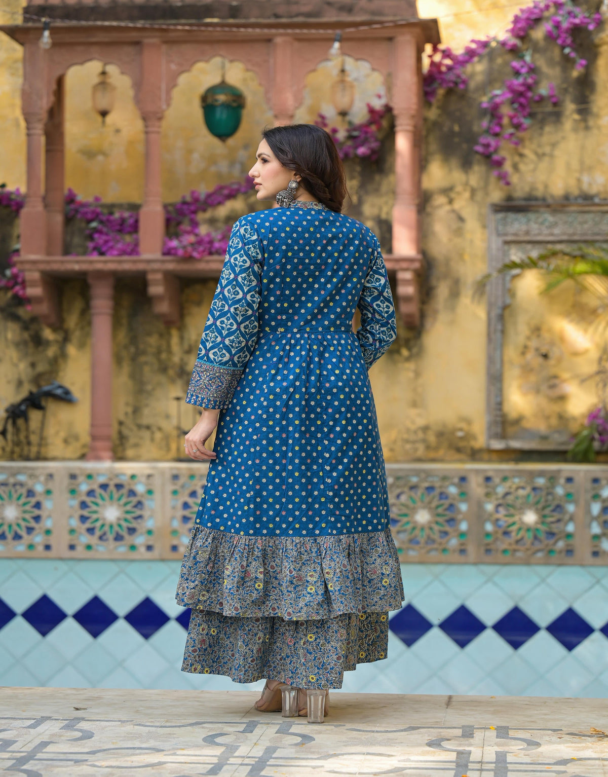 Juniper Indigo Floral Printed Cotton Long Dress & Shrug With Doris | Grocsy