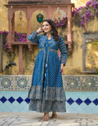 Juniper Indigo Floral Printed Cotton Long Dress & Shrug With Doris | Grocsy