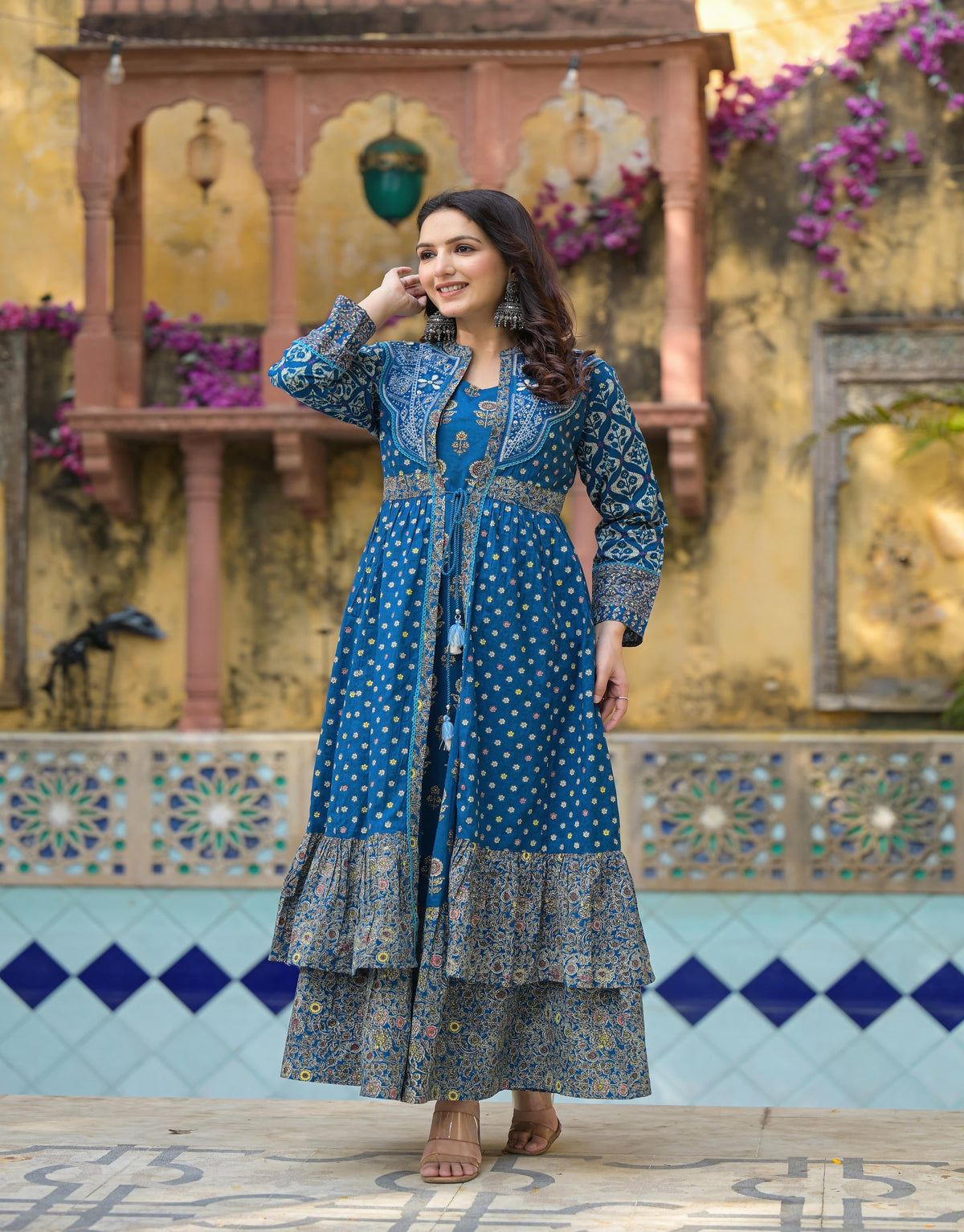 Juniper Indigo Floral Printed Cotton Long Dress & Shrug With Doris | Grocsy