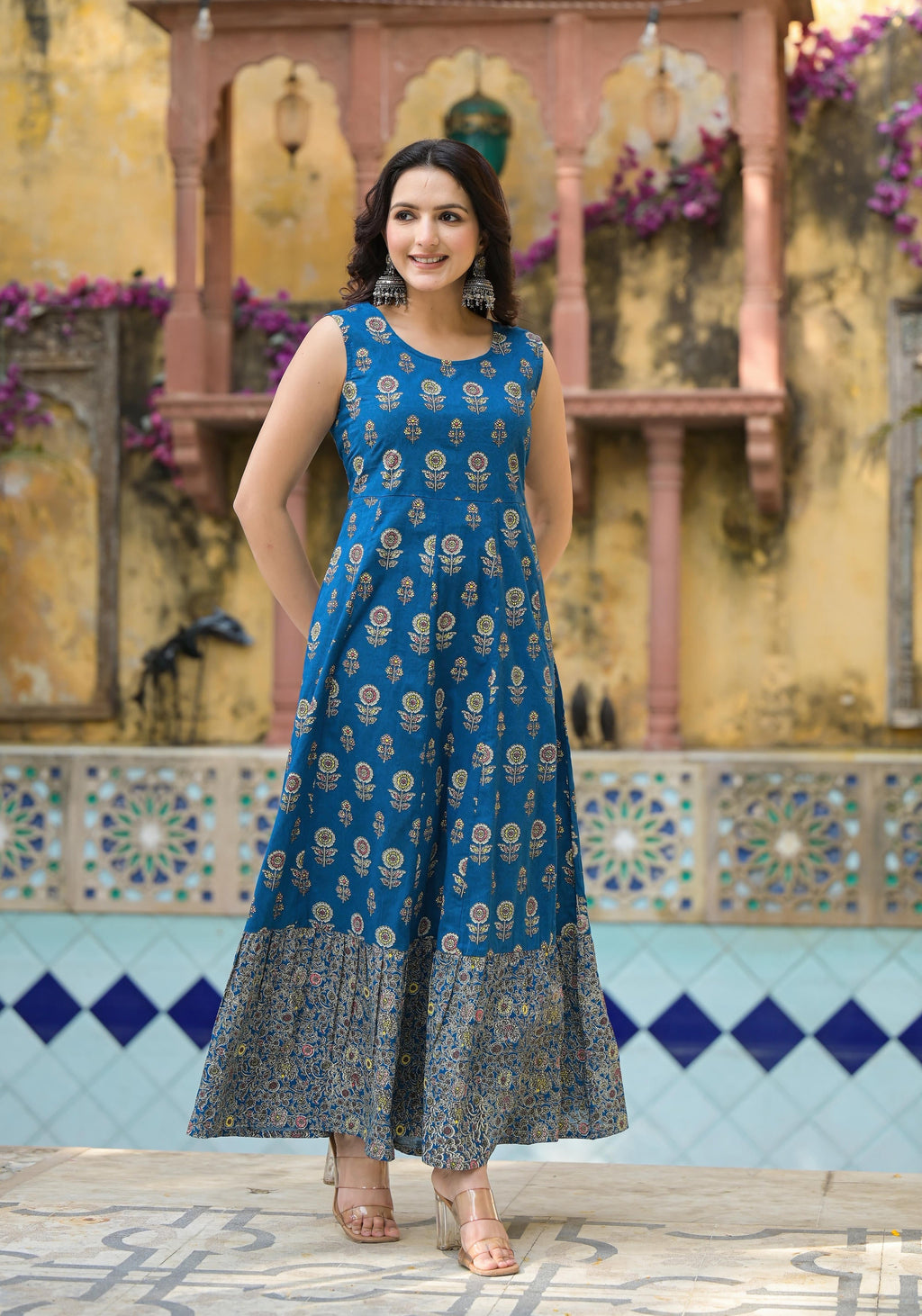 Juniper Indigo Floral Printed Cotton Long Dress & Shrug With Doris | Grocsy