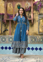 Juniper Indigo Floral Printed Cotton Long Dress & Shrug With Doris | Grocsy