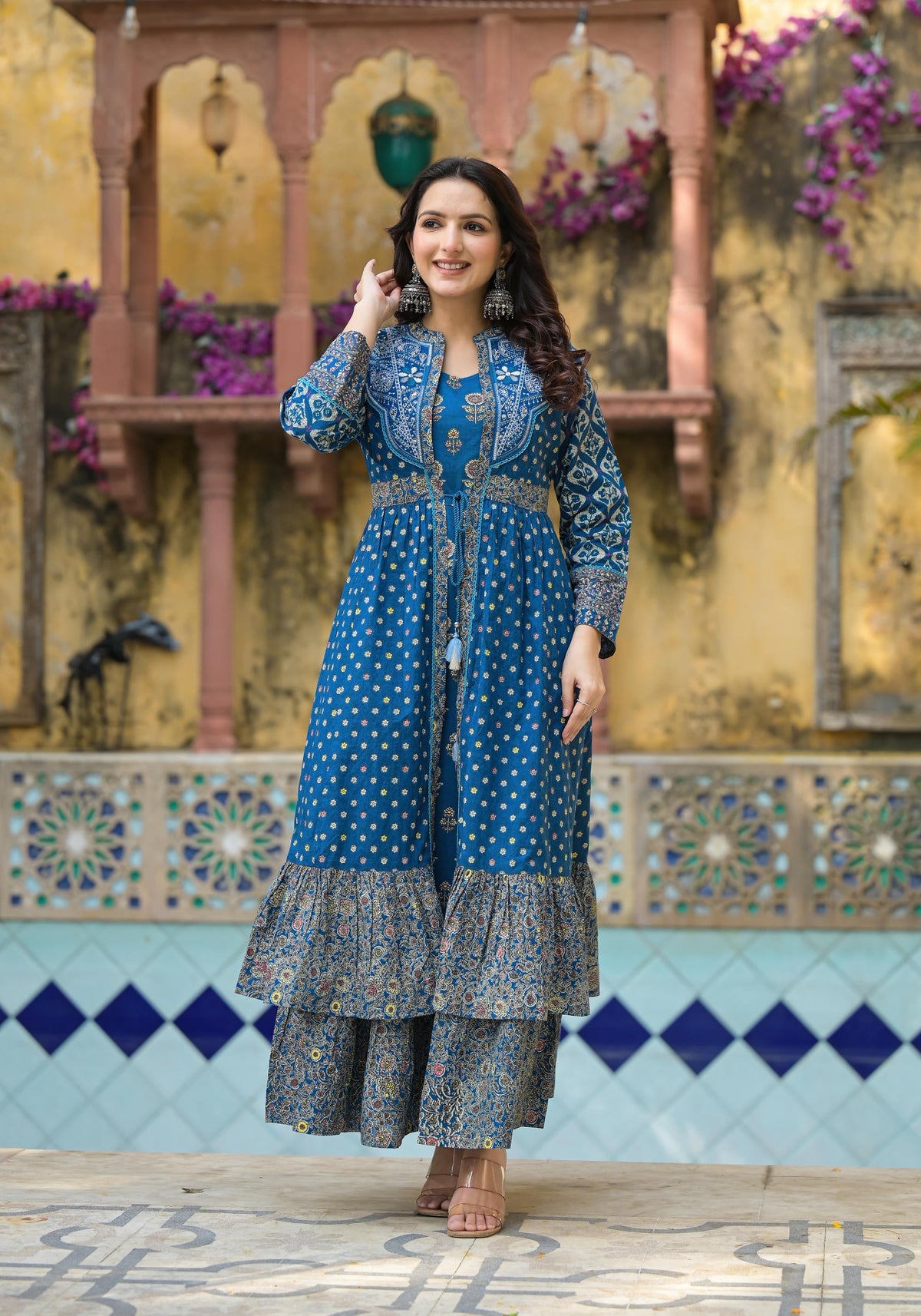 Juniper Indigo Floral Printed Cotton Long Dress & Shrug With Doris | Grocsy