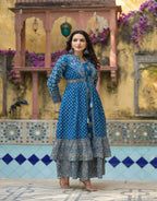 Juniper Indigo Floral Printed Cotton Long Dress & Shrug With Doris | Grocsy