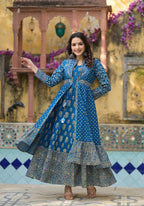 Juniper Indigo Floral Printed Cotton Long Dress & Shrug With Doris | Grocsy