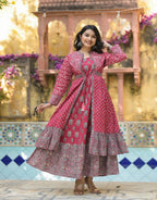Juniper Maroon Floral Printed Cotton Long Dress With Shrug | Grocsy