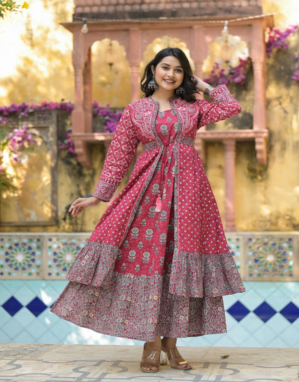 Juniper Maroon Floral Printed Cotton Long Dress With Shrug | Grocsy