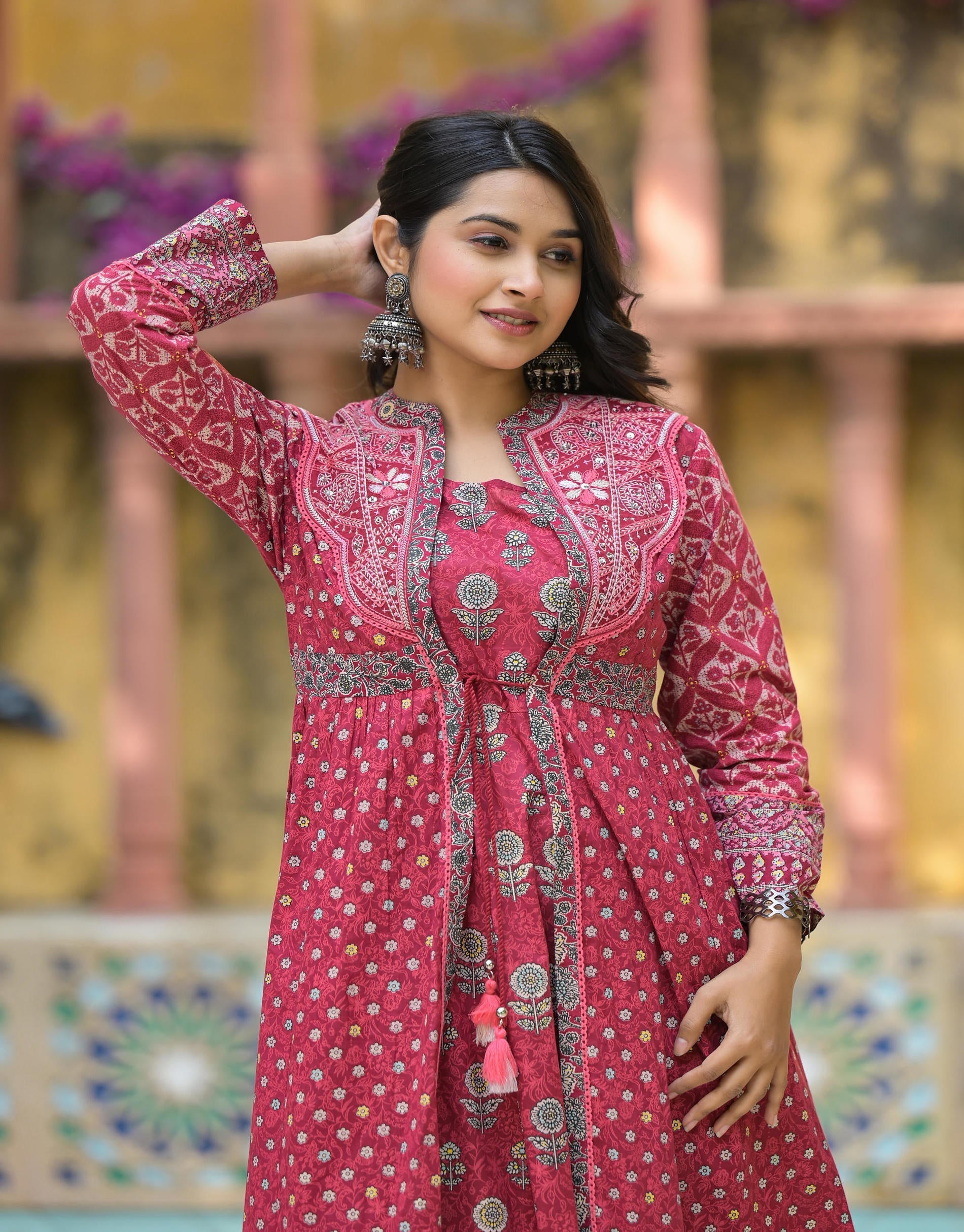 Juniper Maroon Floral Printed Cotton Long Dress With Shrug | Grocsy