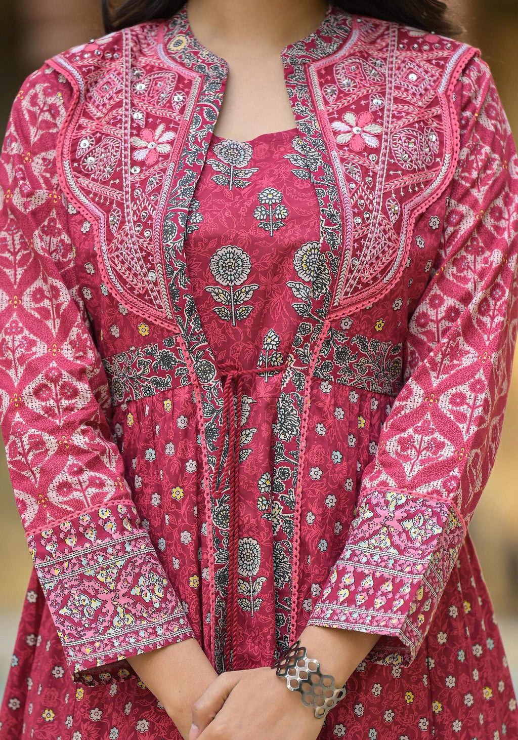 Juniper Maroon Floral Printed Cotton Long Dress With Shrug | Grocsy