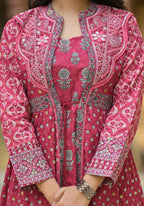 Juniper Maroon Floral Printed Cotton Long Dress With Shrug | Grocsy